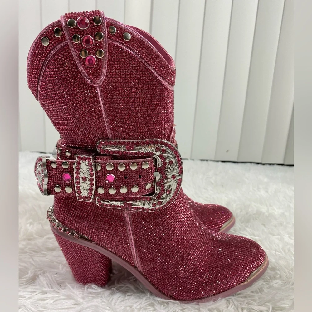 CLUB EXX Pink Sheriff Shine Rhinestone Cowboy Boots Ankle Booties Heeled Size 8 - Picture 3 of 13